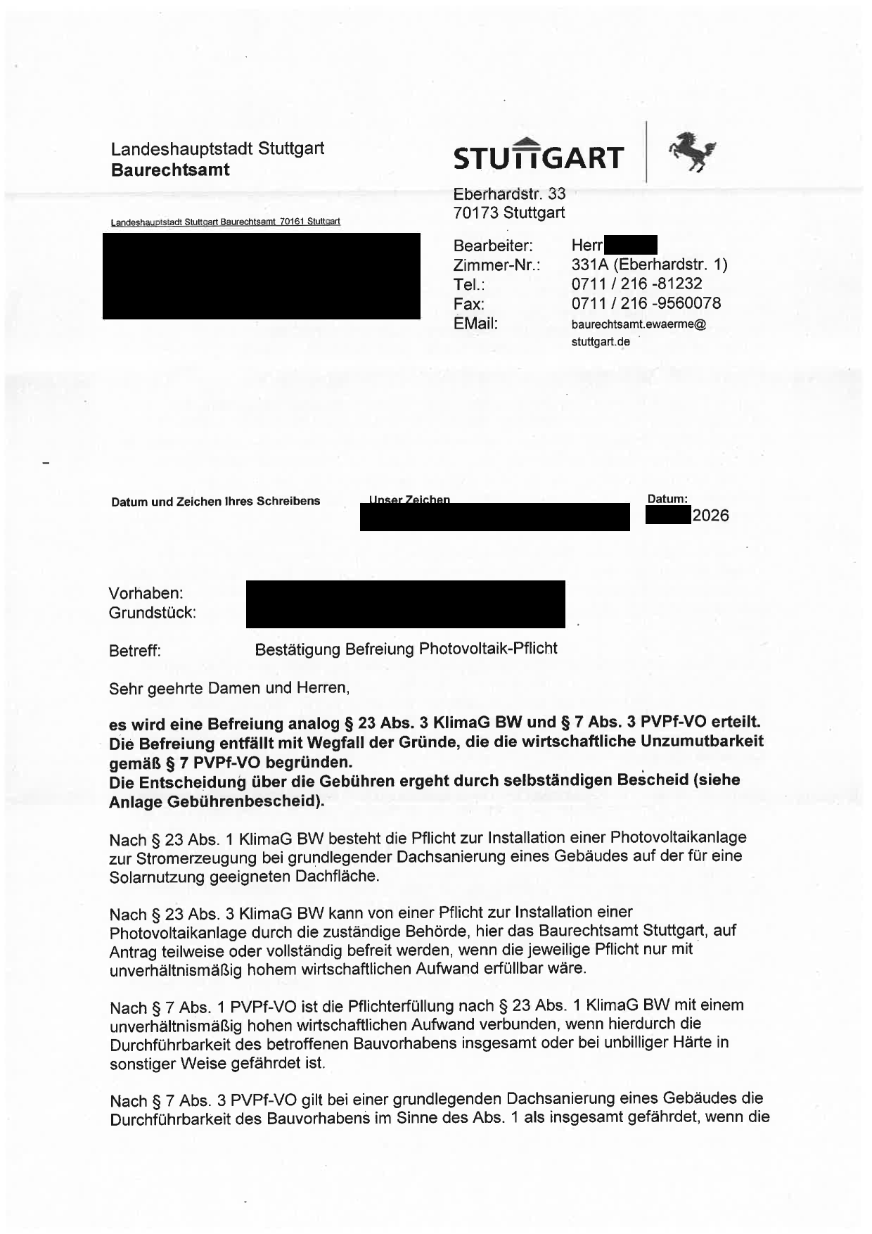 Bestätigung des Baurechtsamts Stuttgart über die Befreiung von der Photovoltaik-Pflicht