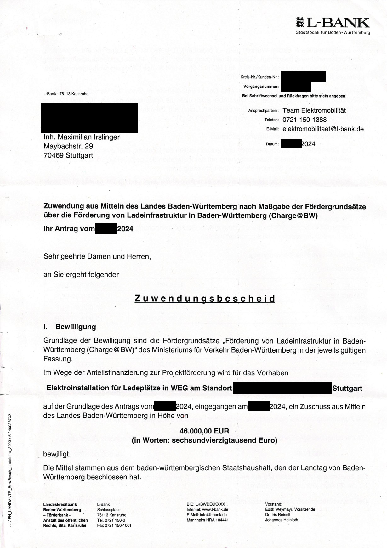 Zuwendungsbescheid der L-Bank über 46.000 EUR für Ladeinfrastruktur